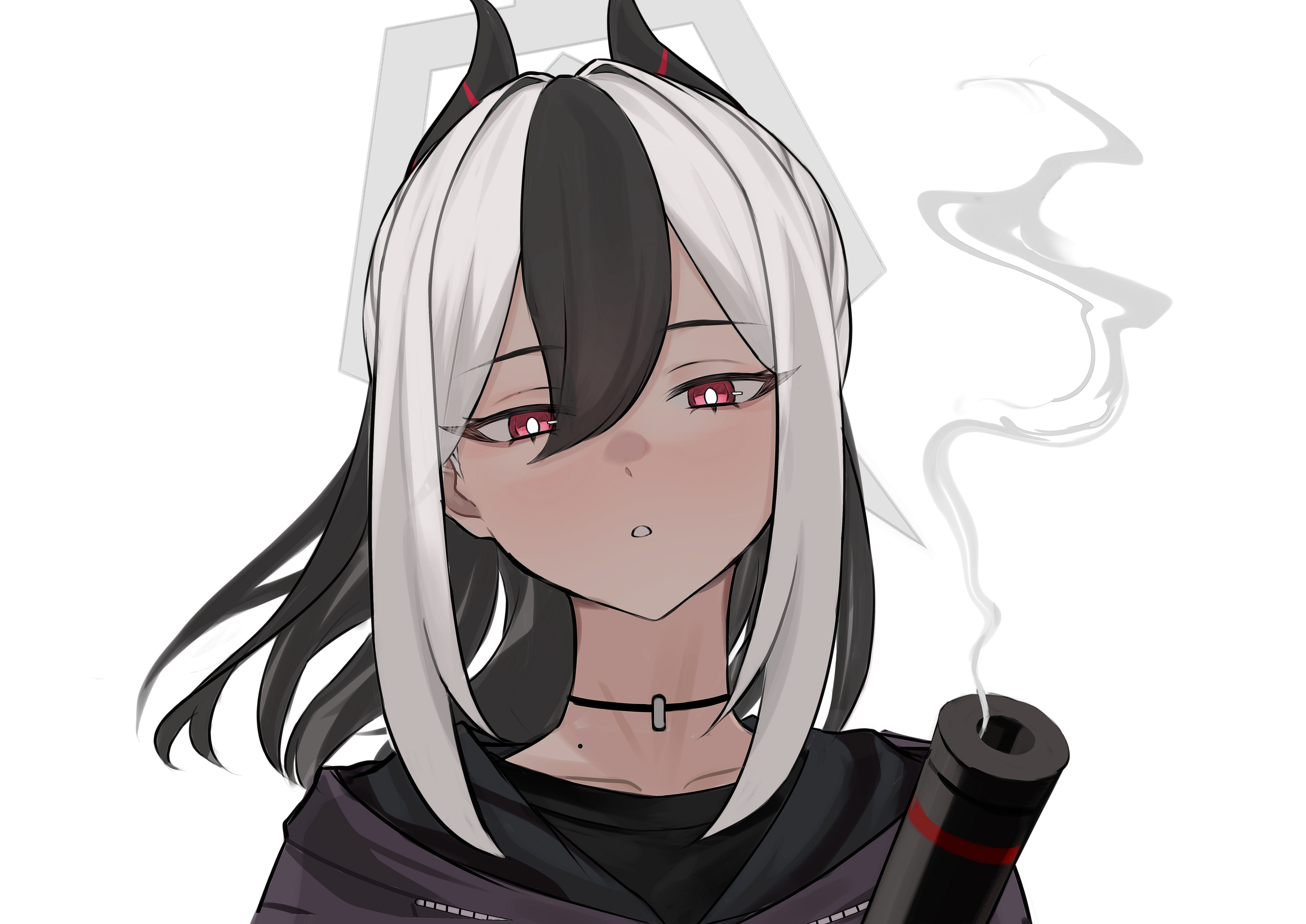 kirisame (101642412), kayoko (blue archive), blue archive, absurdres, highres, 1girl, black hair, black hoodie, demon girl, demon horns, gun, hood, hood down, hoodie, horns, long hair, multicolored hair, parted lips, portrait, red eyes, sidelocks, simple background, smoke, smoking barrel, solo, two-tone hair, weapon, white background, white hair
