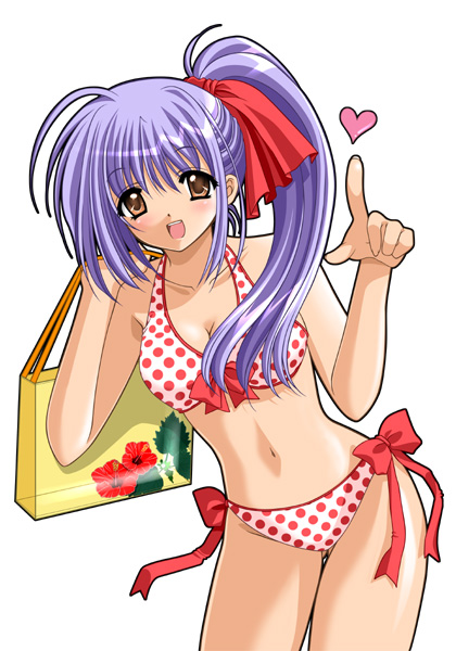 nishimata aoi, bag, bikini, blue hair, bow, brown eyes, heart, open mouth, polka dot, polka dot bikini, polka dot swimsuit, ponytail, solo, swimsuit