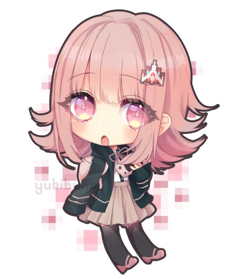 yukibunns, nanami chiaki, danganronpa (series), danganronpa 2: goodbye despair, commentary, english commentary, + +, 1girl, :o, arm at side, artist name, backpack, bag, black jacket, black thighhighs, blush, bright pupils, brown hair, brown skirt, buttons, chibi, chibi only, eyes visible through hair, flipped hair, full body, grey bag, hair between eyes, hair ornament, hand up, hood, hood down, hooded jacket, jacket, long sleeves, mary janes, medium hair, medium skirt, neck ribbon, open clothes, open jacket, open mouth, pink eyes, pink ribbon, pink shoes, pleated skirt, puffy long sleeves, puffy sleeves, ribbon, shirt, shoes, sidelocks, simple background, skirt, sleeves past wrists, solo, standing, thighhighs, tongue, turning head, white background, white pupils, white shirt, zettai ryouiki