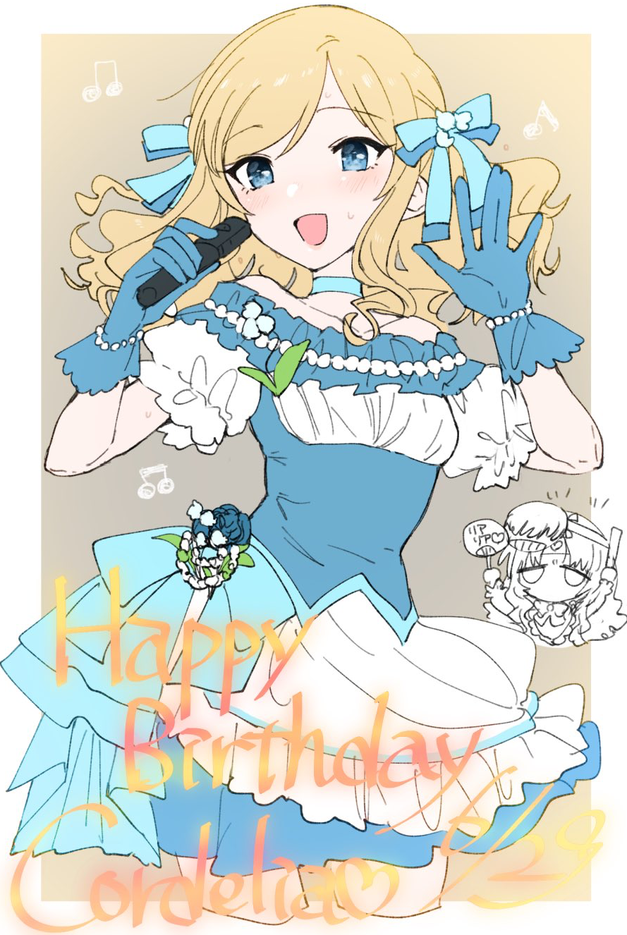 eurasia (wtp09ptw14), original, commentary request, highres, 2girls, :d, bare shoulders, blonde hair, blue choker, blue dress, blue eyes, blue gloves, blue ribbon, border, breasts, character name, choker, cropped legs, dress, gloves, hair ribbon, hands up, happy birthday, holding, holding microphone, looking at viewer, medium hair, microphone, multiple girls, music, musical note, open mouth, outside border, parted bangs, ribbon, short sleeves, singing, small breasts, smile, solo focus, white border, yellow background