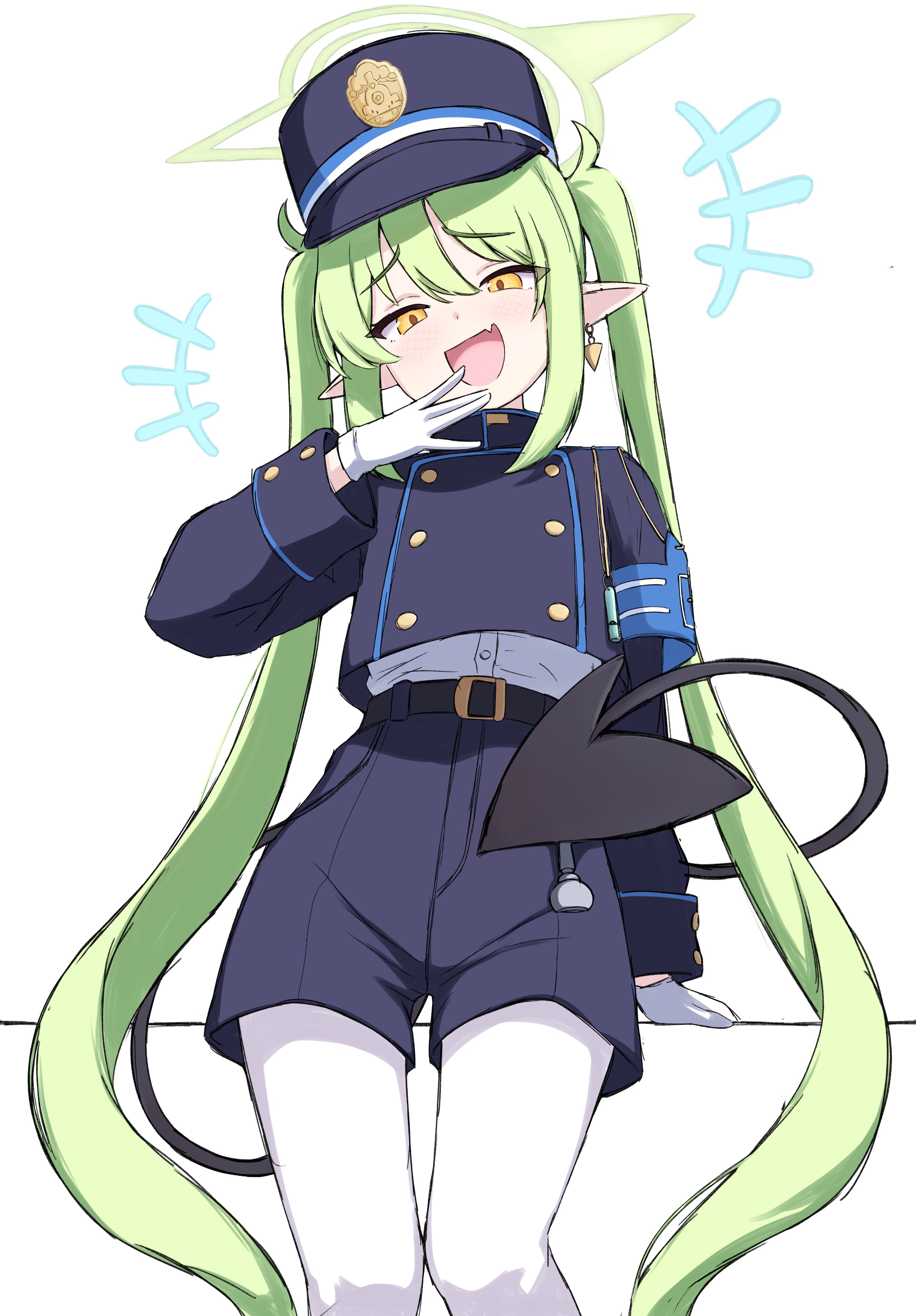 noiriririri, nozomi (blue archive), blue archive, absurdres, hashtag-only commentary, highres, 1girl, arm support, belt, black belt, black hat, black jacket, black shorts, buttons, cowboy shot, demon tail, earrings, fang, flat chest, gloves, green hair, green halo, hair between eyes, half-closed eyes, halo, hand up, hat, jacket, jewelry, long hair, long sleeves, looking at viewer, mesugaki, notice lines, open mouth, pantyhose, pointy ears, shirt, shorts, sidelocks, single earring, skin fang, smile, solo, tail, twintails, whistle, white background, white gloves, white pantyhose, white shirt, yellow eyes