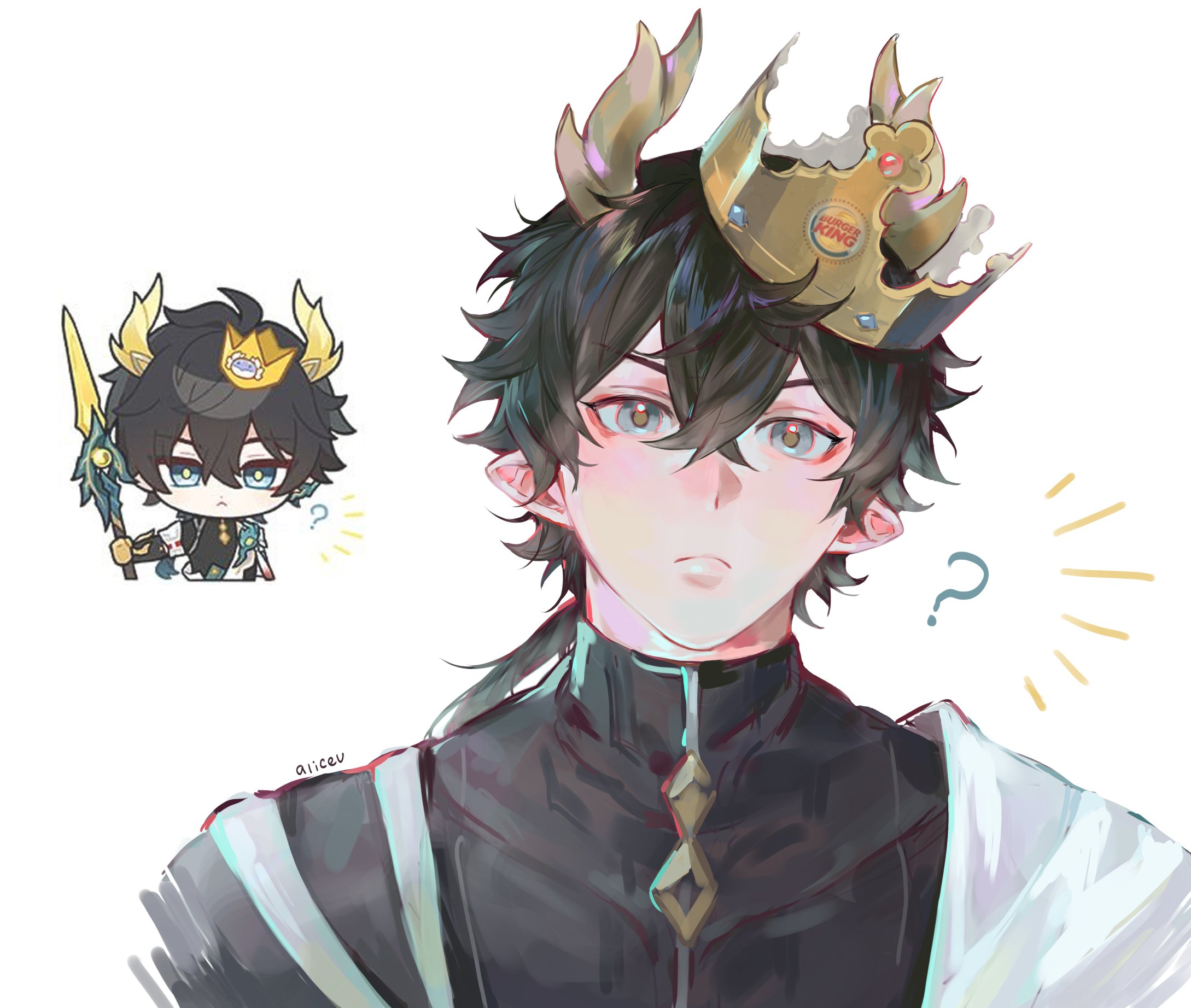alicevseliet, dan heng (honkai: star rail), dan heng (permansor terrae) (honkai: star rail), honkai: star rail, honkai (series), commentary, english commentary, highres, 1boy, ?, artist name, black hair, black shirt, blue eyes, blue gemstone, burger king crown, chinese clothes, closed mouth, coat, crossed bangs, crown, dragon boy, dragon horns, eyeliner, gem, hair between eyes, holding, holding polearm, holding weapon, honkai: star rail sticker redraw (meme), horns, long hair, looking at viewer, low ponytail, makeup, male focus, meme, notice lines, official alternate costume, official alternate hairstyle, pointy ears, polearm, ponytail, red eyeliner, red gemstone, shirt, simple background, solo, spear, upper body, weapon, white background, white coat