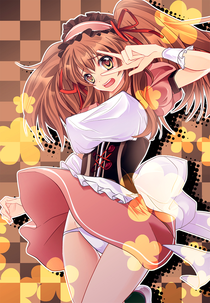 bkks (pixiv), yu (bkks), asahina mikuru, suzumiya haruhi no yuuutsu, bad id, bad pixiv id, 00s, 1girl, blush, brown eyes, brown hair, female focus, long hair, mikuru beam, panties, skirt, solo, underwear, v