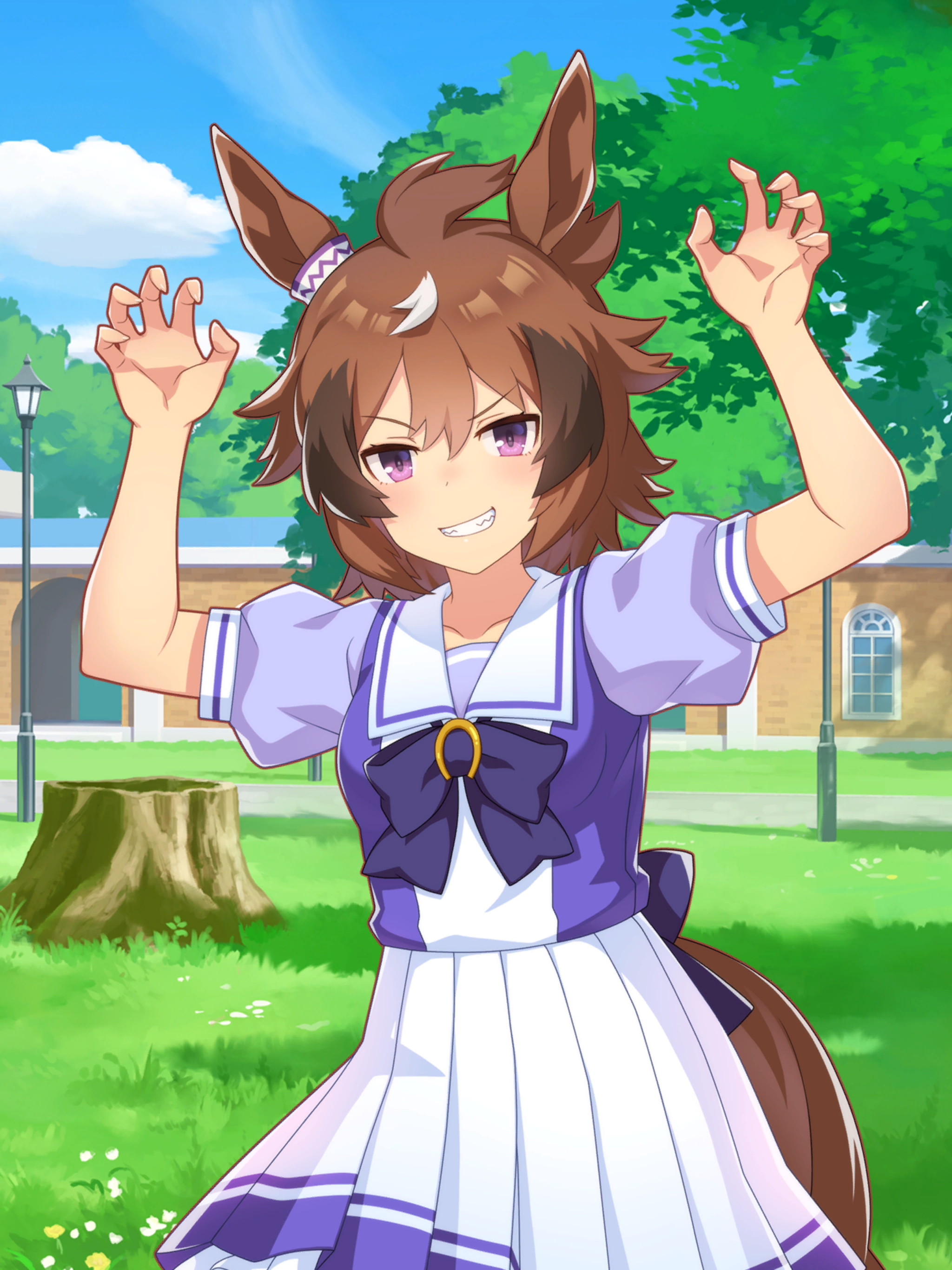shinko windy (umamusume), umamusume, absurdres, artist request, game cg, highres, official art, 1girl, animal ears, back bow, bare arms, blue bow, blue bowtie, blue shirt, blue sky, bow, bowtie, brooch, brown hair, claw pose, cloud, collarbone, cowboy shot, day, dot nose, ear ornament, fern, flower, frilled skirt, frills, grass, grin, hair between eyes, high-waist skirt, horse ears, horse girl, horse tail, horseshoe ornament, jewelry, lamppost, light blush, loose hair strand, medium hair, messy hair, miniskirt, multicolored hair, outdoors, path, pleated skirt, puffy short sleeves, puffy sleeves, purple eyes, road, sailor collar, school, school uniform, shade, shirt, short sleeves, skirt, sky, smile, smug, solo, streaked hair, tail, tracen school uniform, tree, tree stump, tsurime, two-tone shirt, v-shaped eyebrows, white flower, white sailor collar, white shirt, white skirt, yellow flower