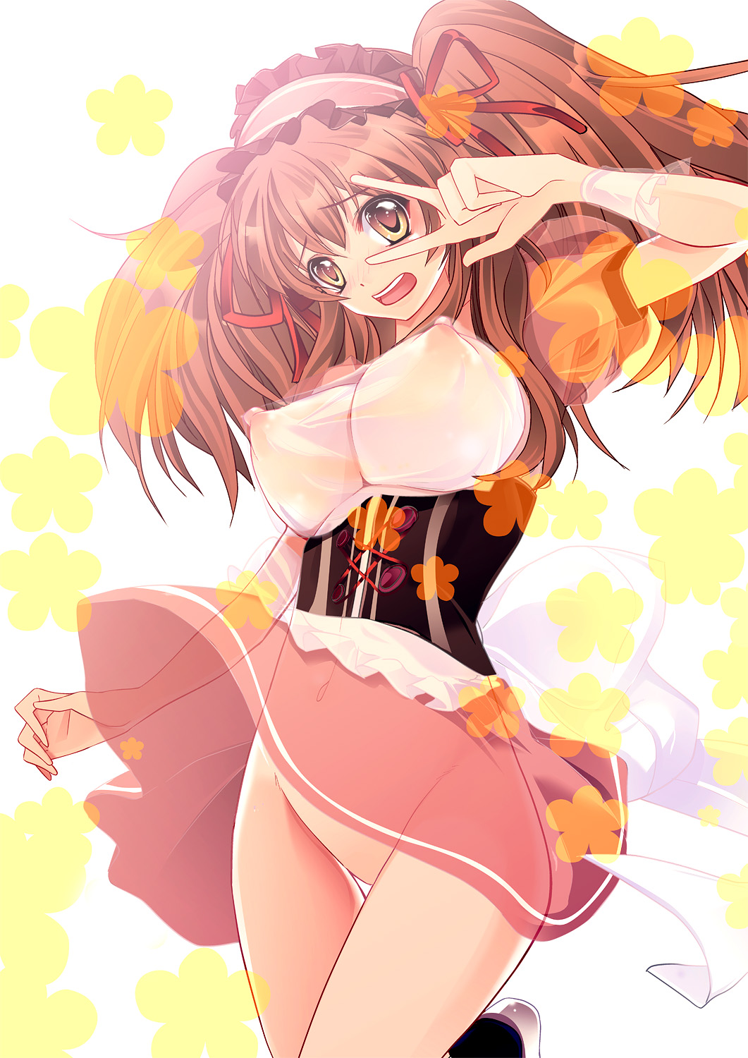 bkks (pixiv), yu (bkks), asahina mikuru, suzumiya haruhi no yuuutsu, bad id, bad pixiv id, highres, 00s, 1girl, blush, breasts, brown eyes, brown hair, covered erect nipples, female focus, large breasts, long hair, mikuru beam, nipples, no panties, no pussy, see-through clothes, skirt, solo, v