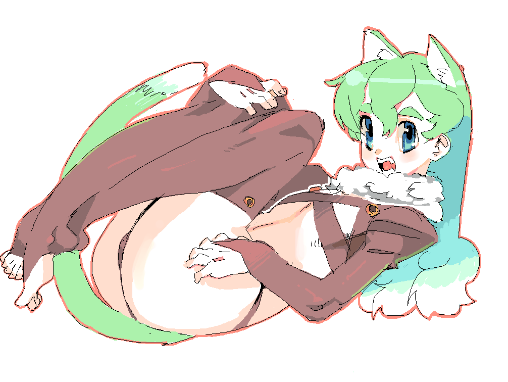 meisamu, bad id, bad pixiv id, 1girl, animal ears, blue eyes, cat ears, cat tail, female focus, flat chest, green hair, oekaki, solo, tail, thighhighs