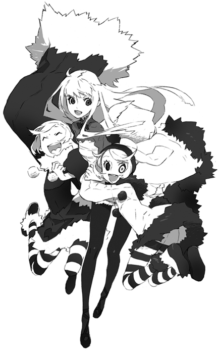 miwa shirow, luki, nill, noki, dogs: bullets & carnage, striped legwear, greyscale, heterochromia, legs, monochrome, pantyhose, thighhighs