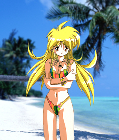 shiratori miki, ginga ojou-sama densetsu yuna, lowres, non-web source, 1990s (style), 1girl, ahoge, beach, bikini, blonde hair, blush, bracelet, breasts, cleavage, crossed arms, day, female focus, jewelry, long hair, medium breasts, multicolored bikini, navel, necklace, orange eyes, outdoors, palm tree, photo background, retro artstyle, sky, solo, swimsuit, tree, water