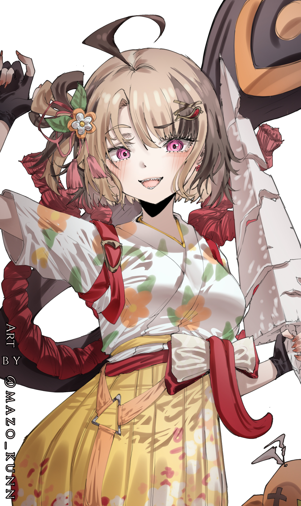 mazo kunn, gigi murin, gigi murin (new year), hololive, hololive english, highres, ahoge, black gloves, blonde hair, brown hair, floral print, floral print kimono, gloves, japanese clothes, kimono, multicolored hair, pink eyes, print kimono, tail