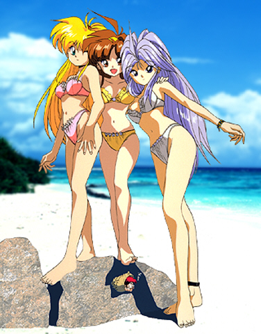 kagurazaka yuna, kousaka erika, liavelt von neuestein, yuri cube, ginga ojou-sama densetsu yuna, lowres, non-web source, 1990s (style), 3girls, ahoge, anklet, barefoot, beach, bikini, blonde hair, blue eyes, bracelet, brown hair, cloud, day, feet, hairband, hug, jewelry, legs, long hair, multiple girls, navel, one eye closed, outdoors, purple eyes, purple hair, red eyes, retro artstyle, rock, short hair, sky, swimsuit, water, wink
