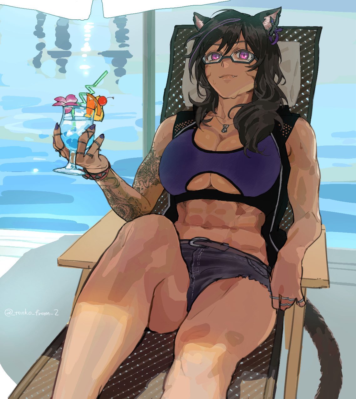 tonko from, vivian grimelka (siverstorm), warrior of light (ff14), final fantasy, final fantasy xiv, original, commentary, commission, highres, skeb commission, 1girl, animal ears, arm tattoo, bare arms, bare legs, bare shoulders, belt, bendy straw, black hair, black tail, blue hawaii, borrowed character, breasts, cat ears, cat girl, cat tail, chair, cleavage, closed mouth, clothing cutout, cocktail, cup, drinking straw, facial mark, feet out of frame, flower, food, fruit, glasses, hibiscus, holding, holding cup, jacket, jewelry, knee up, large breasts, long hair, lounge chair, micro shorts, miqo'te, multiple rings, open clothes, open jacket, orange (fruit), orange slice, parasol, pendant, poolside, purple eyes, purple nails, purple sports bra, reclining, ring, shorts, sleeveless, sleeveless jacket, solo, sports bra, stomach, tail, tattoo, toned, toned female, tropical drink, twitter username, umbrella, underboob cutout, water, whisker markings