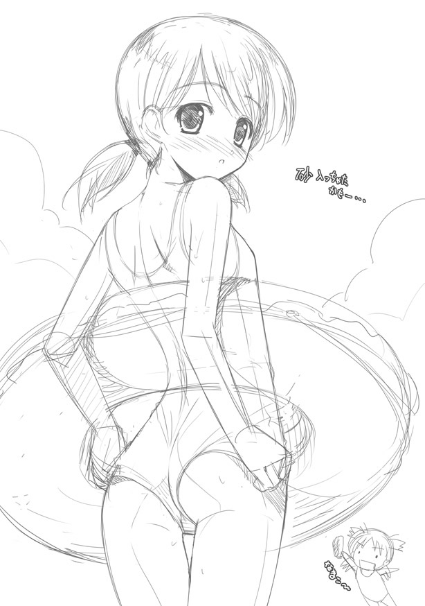 goma satoshi, ayase ena, koiwai yotsuba, yotsubato!, translation request, 2girls, adjusting clothes, adjusting swimsuit, ass, back, blush, chibi, from behind, greyscale, innertube, looking back, monochrome, multiple girls, one-piece swimsuit, quad tails, sea cucumber, sketch, swim ring, swimsuit, twintails, wedgie