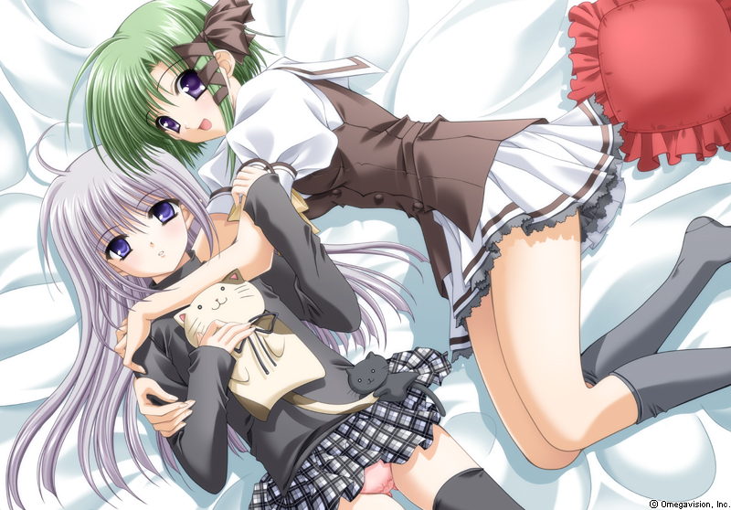 nishimata aoi, suzuhira hiro, primula, shigure asa, shuffle!, official art, 00s, 2girls, blue eyes, frilled pillow, frills, green hair, multiple girls, panties, pillow, plaid clothes, plaid skirt, purple eyes, purple hair, school uniform, serafuku, skirt, stuffed animal, stuffed cat, stuffed toy, thighhighs, underwear