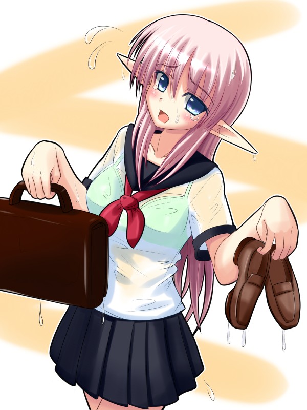kuurunaitsu, original, 1girl, blouse, bra visible through clothes, female focus, pointy ears, school uniform, serafuku, shirt, solo, wet, wet clothes, wet hair, white shirt