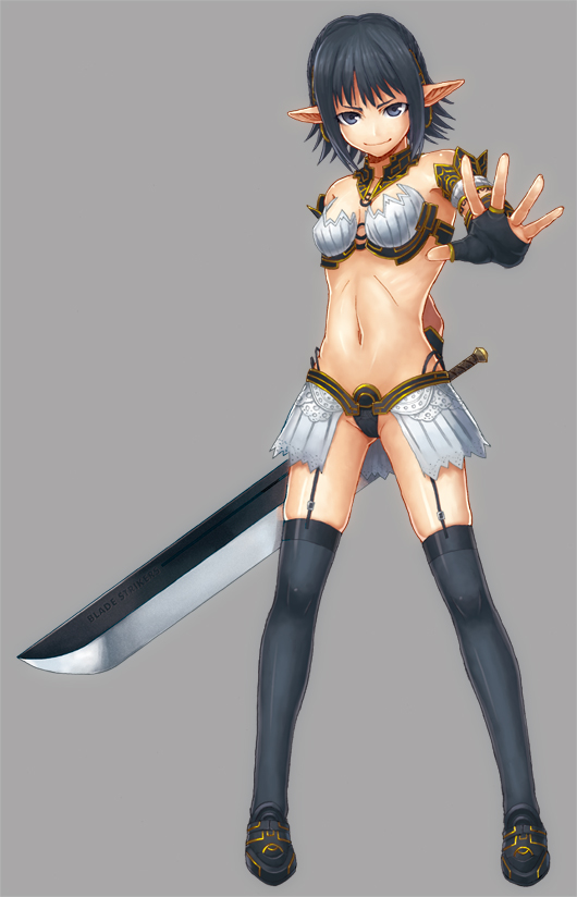 shouhei, original, 1girl, black eyes, black hair, fantasy, female focus, garter straps, legs, looking at viewer, navel, pointy ears, simple background, solo, standing, sword, thighhighs, weapon
