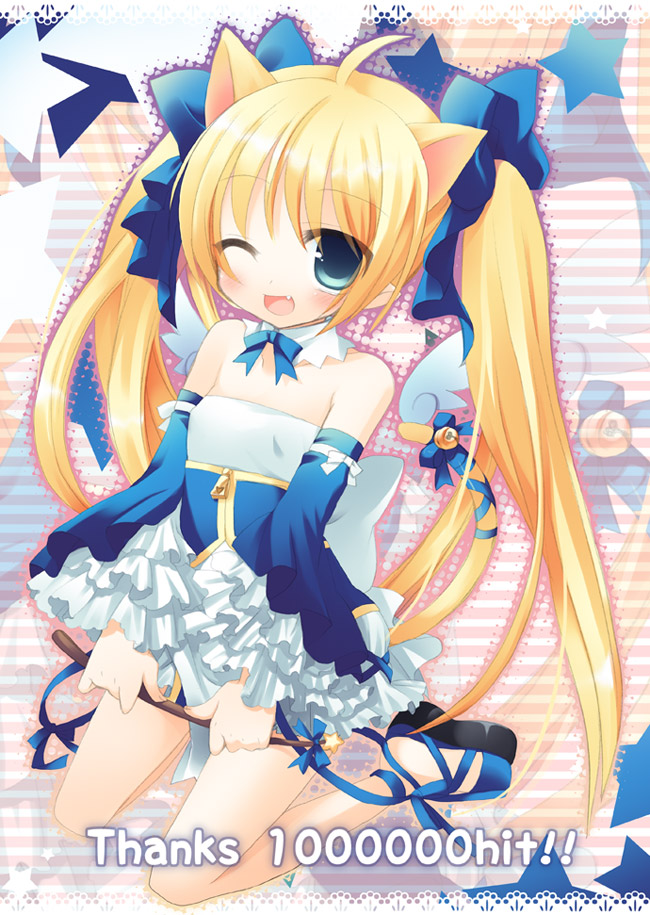 sazaki ichiri, original, 1girl, ;d, animal ears, bare shoulders, blue dress, blue shoes, blush, cat ears, collar, collarbone, detached collar, dress, female focus, full body, layered dress, looking at viewer, one eye closed, open mouth, shoes, sitting, smile, solo, tareme, twintails, wariza