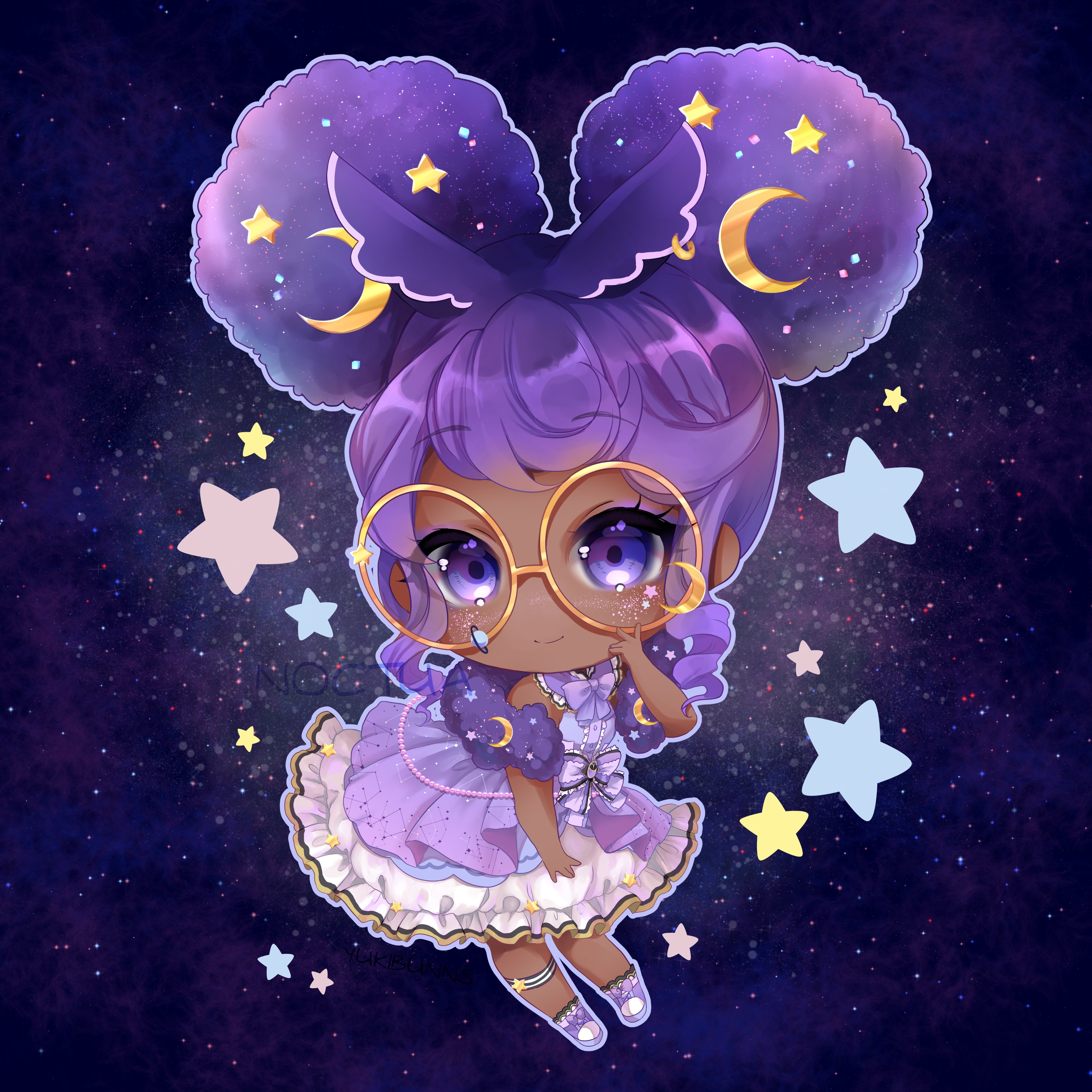 yukibunns, indie virtual youtuber, absurdres, commentary, commission, english commentary, highres, 1girl, afro puffs, bare arms, bare shoulders, black background, blue outline, bow, bowtie, center frills, chibi, chibi only, closed mouth, collared dress, crescent, crescent hair ornament, dark-skinned female, dark skin, dress, dress bow, drill hair, drill sidelocks, eyes visible through hair, facial mark, flat chest, footwear bow, freckles, frilled shirt collar, frills, full body, glasses, hair ornament, hand on own cheek, hand on own face, hand up, leaning forward, looking at viewer, medium dress, noctua (vtuber), outline, petticoat, purple bow, purple bowtie, purple dress, purple eyes, purple hair, purple shoes, round eyewear, shoes, short hair, sidelocks, simple background, sleeveless, sleeveless dress, smile, solo, space, standing, star (symbol), star facial mark, star hair ornament, star symbol background, thigh strap, very dark skin, virtual youtuber, yellow-framed eyewear