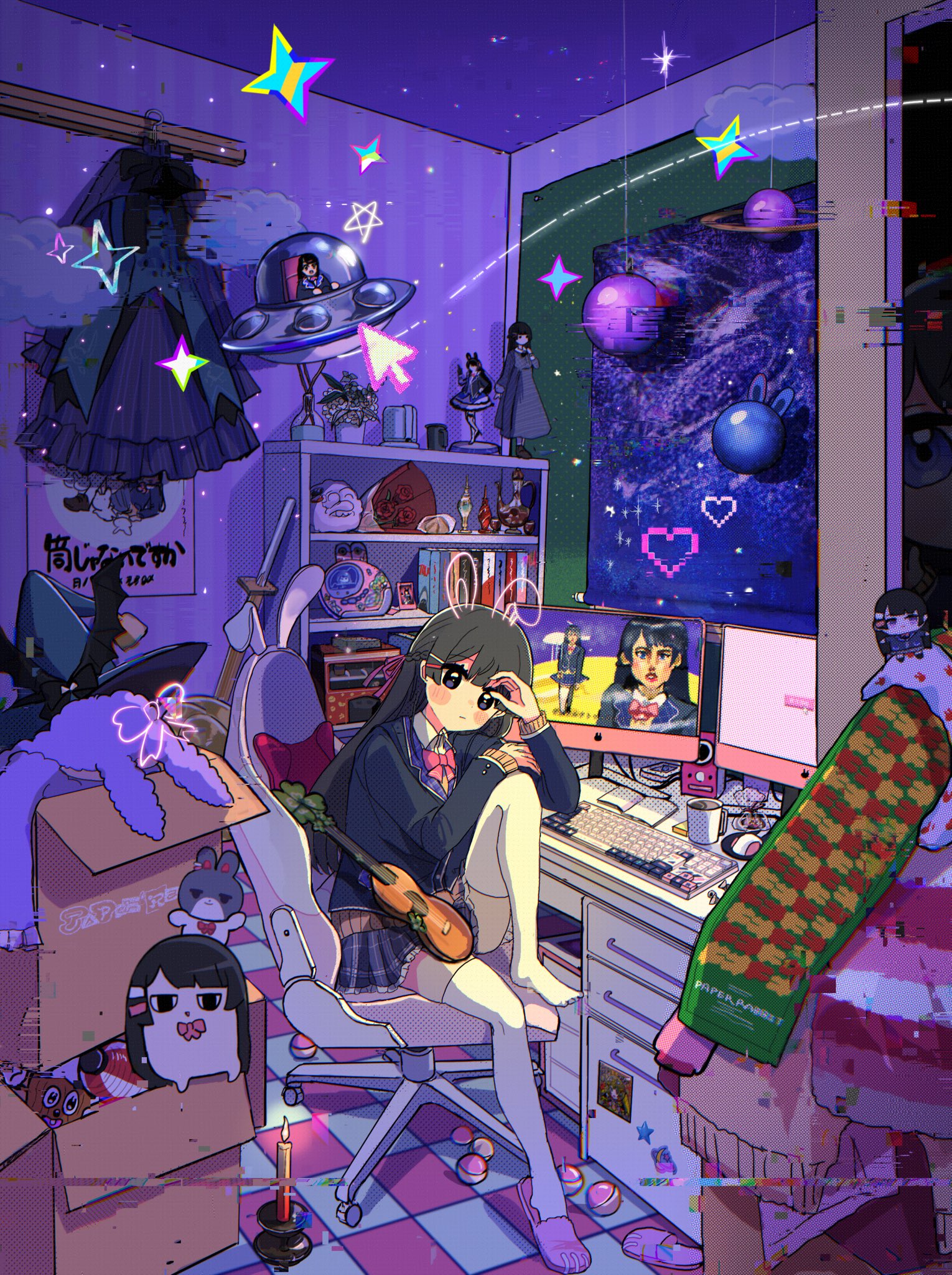 okayusan san, mito-chan (tsukino mito), tsukino mito, tsukino mito (1st costume), tsukino mito (loungewear), tsukino mito (moon!!), tsukino mito (witch), mito and kaede, nijisanji, commentary request, highres, instrument request, translation request, animal ears, black eyes, black hair, black jacket, blush stickers, bookshelf, bow, bowtie, box, braid, candle, cardboard box, chair, character doll, closed mouth, clothes hanger, cloud, computer keyboard, cup, cursor, desk, doll, drawn ears, figure, flower, frilled skirt, frills, full body, gaming chair, glitch, grey skirt, hair ornament, hairpin, half up braid, hand on own knee, hands up, hanging scroll, indoors, instrument, jacket, knee up, lapels, long hair, long sleeves, miniskirt, monitor, mug, multiple hairpins, multiple persona, on chair, pink bow, pink bowtie, pink slippers, plaid clothes, plaid lapels, plaid skirt, planet, poster (object), rabbit ears, scroll, sitting, skirt, slippers, star (symbol), striped wall, swivel chair, thighhighs, tile floor, tiles, ufo, virtual youtuber, white thighhighs, zettai ryouiki