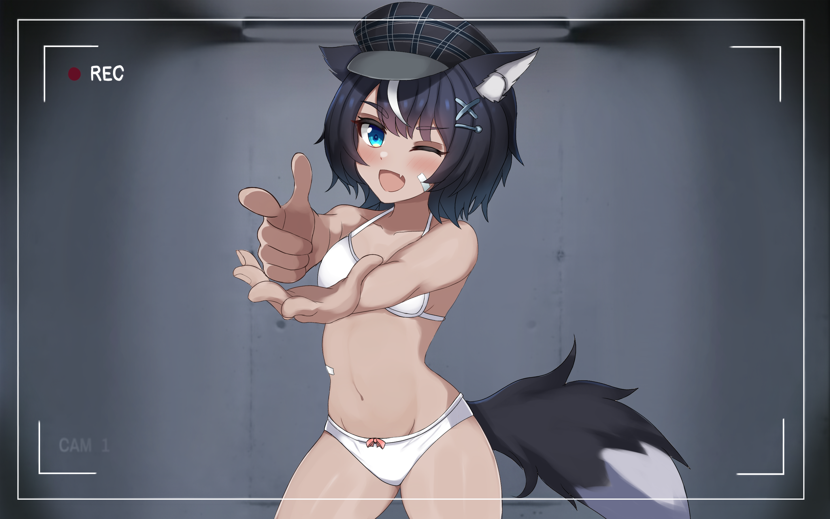 renhiraoka12, fangsie fido, variance project, commission, highres, 1girl, animal ear fluff, animal ears, belly, black hair, bra, dog ears, dog tail, finger gun, hair ornament, hairclip, hat, knee up, knees up, looking at viewer, navel, one eye closed, open mouth, panties, short hair, smile, solo, standing, tail, thighs, underwear, underwear only, virtual youtuber, white bra, white panties, wink