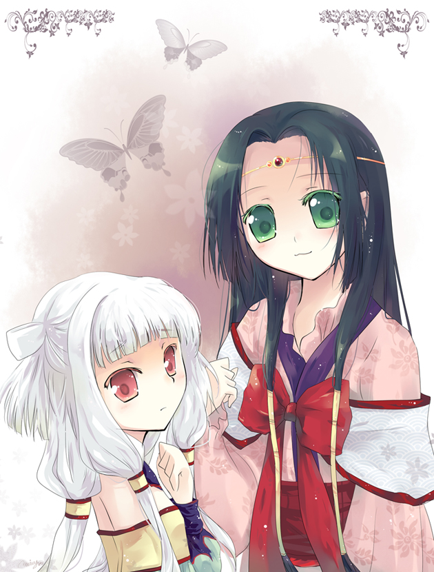 miyoochi, sumeragi kaguya, tianzi, code geass, silver hair, 00s, 2girls, :3, black hair, bow, circlet, long hair, multiple girls, red bow, ribbon
