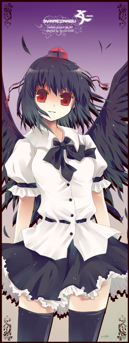 miyoochi, shameimaru aya, touhou, 1girl, black hair, black wings, female focus, hat, looking at viewer, ribbon, short hair, skirt, socks, solo, thighhighs, wings