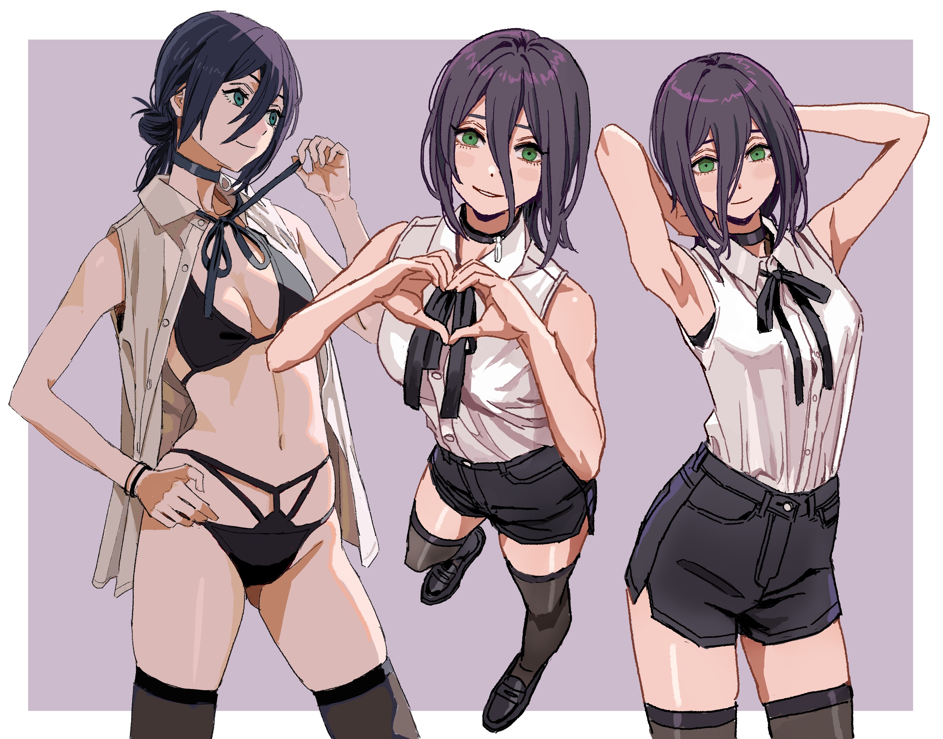 shiren (ourboy83), reze (chainsaw man), chainsaw man, absurdres, commentary, highres, 1girl, armpits, arms up, bikini, bikini under clothes, black bikini, black choker, black hair, black ribbon, black shorts, black thighhighs, blush, border, breasts, choker, hair between eyes, heart, heart hands, linea alba, long hair between eyes, looking ahead, looking at viewer, medium breasts, multiple views, navel, neck ribbon, open clothes, open shirt, purple background, ribbon, shirt, shirt tucked in, shorts, simple background, sleeveless, sleeveless shirt, smile, stomach, swimsuit, thighhighs, white border, white shirt