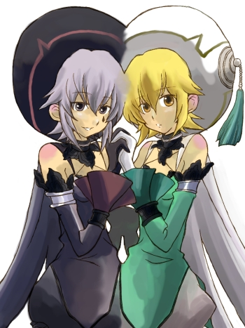 acyamo, atoli, atoli (.hack//), shino (.hack//), shino (.hack//g.u.), .hack//, .hack//g.u., bandai, cyber connect 2, lowres, 00s, 2girls, bare shoulders, blonde hair, brown eyes, cape, detached sleeves, gloves, grey eyes, grey hair, hat, holding hands, multiple girls, short hair, smile, smirk, teardrop