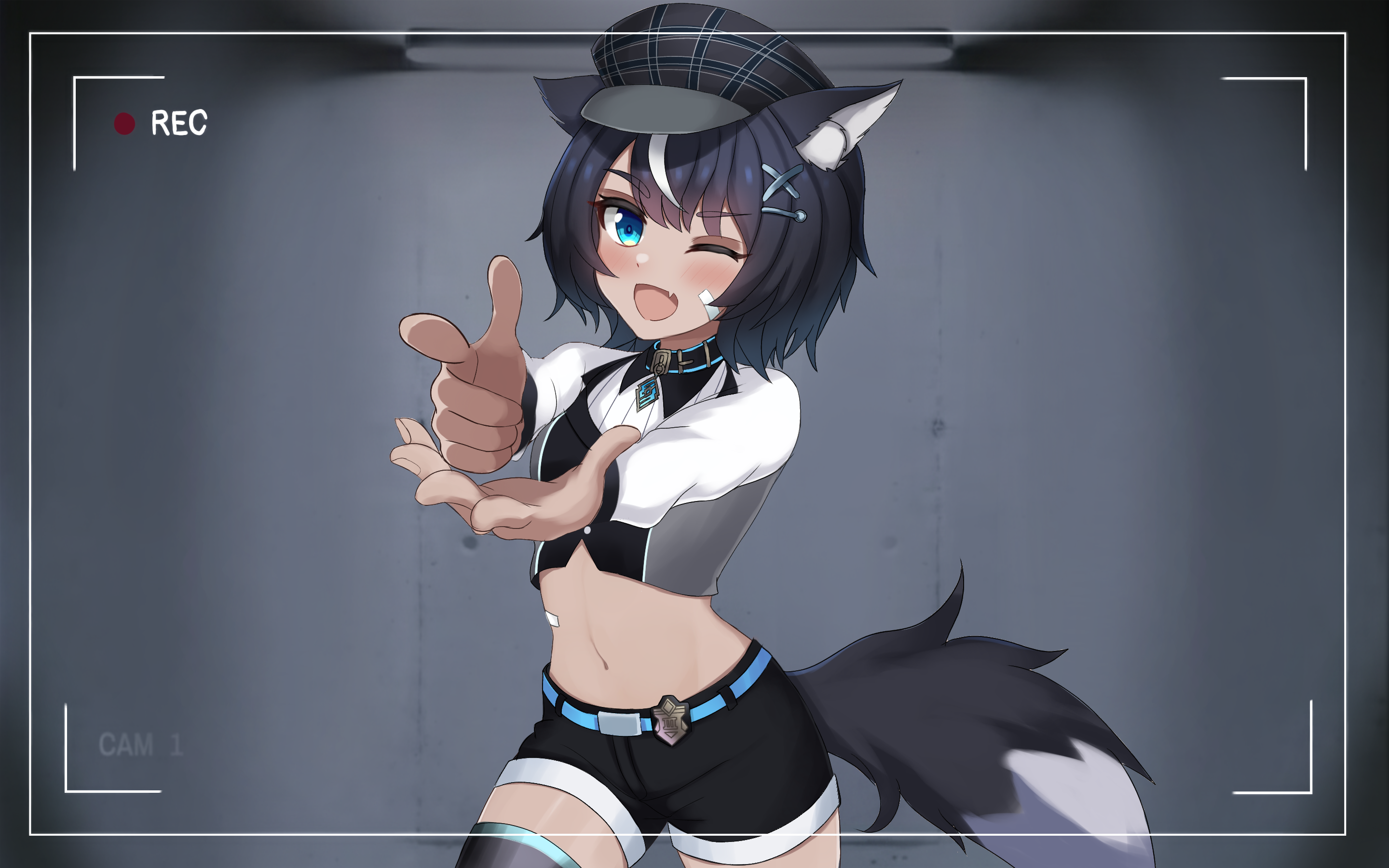 renhiraoka12, fangsie fido, variance project, commission, highres, 1girl, animal ear fluff, animal ears, badge, belly, black hair, dog ears, dog tail, dress, finger gun, hair ornament, hairclip, hat, jewelry, knee up, knees up, looking at viewer, navel, necklace, one eye closed, open mouth, pants, shirt, short hair, shorts, smile, solo, standing, tail, thighhighs, thighs, virtual youtuber, wink