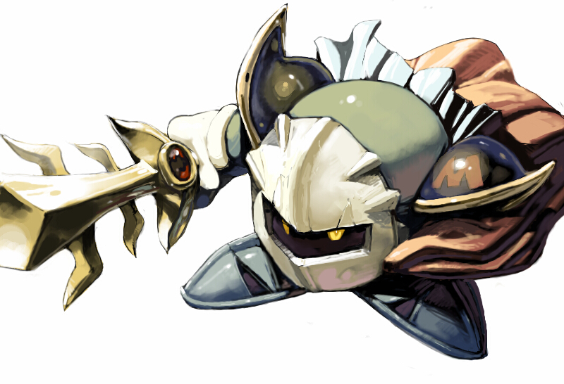 koki (ryoushikiha), meta knight, kirby (series), nintendo, armor, cape, galaxia (sword), male focus, mask, simple background, solo, sword, weapon, white background, yellow eyes