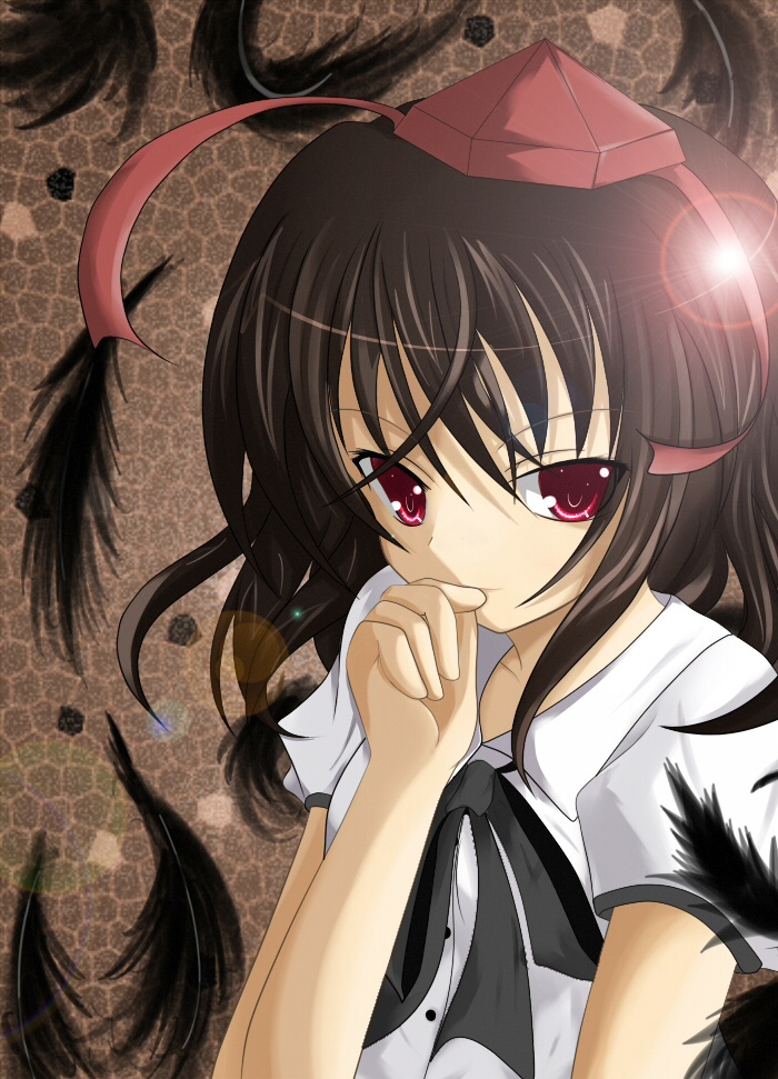 t (dyuhuhudyukusi), t (pixiv), shameimaru aya, touhou, 1girl, black hair, expressionless, feathers, female focus, hand to own mouth, hat, looking at viewer, red eyes, short hair, solo, tokin hat