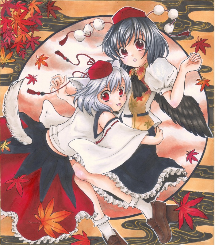 gintarou (puipuiginta), inubashiri momiji, shameimaru aya, touhou, acrylic paint (medium), bad id, bad pixiv id, millipen (medium), painting (medium), pastel (medium), pen (medium), traditional media, 2girls, :o, :p, animal ears, black hair, black wings, bobby socks, female focus, geta, hat, leaf, loafers, maple leaf, multiple girls, red eyes, ribbon, shoes, short hair, skirt, socks, surprised, surprised arms, tail, tareme, tassel, tengu-geta, tongue, tongue out, white hair, wings, wolf ears, wolf tail