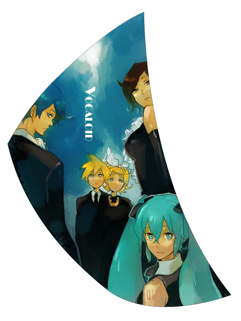 luo zi, raku ji, hatsune miku, kagamine len, kagamine rin, kaito (vocaloid), meiko (vocaloid), vocaloid, 2boys, 3girls, aqua hair, blonde hair, blue hair, brown hair, multiple boys, multiple girls, siblings, twins