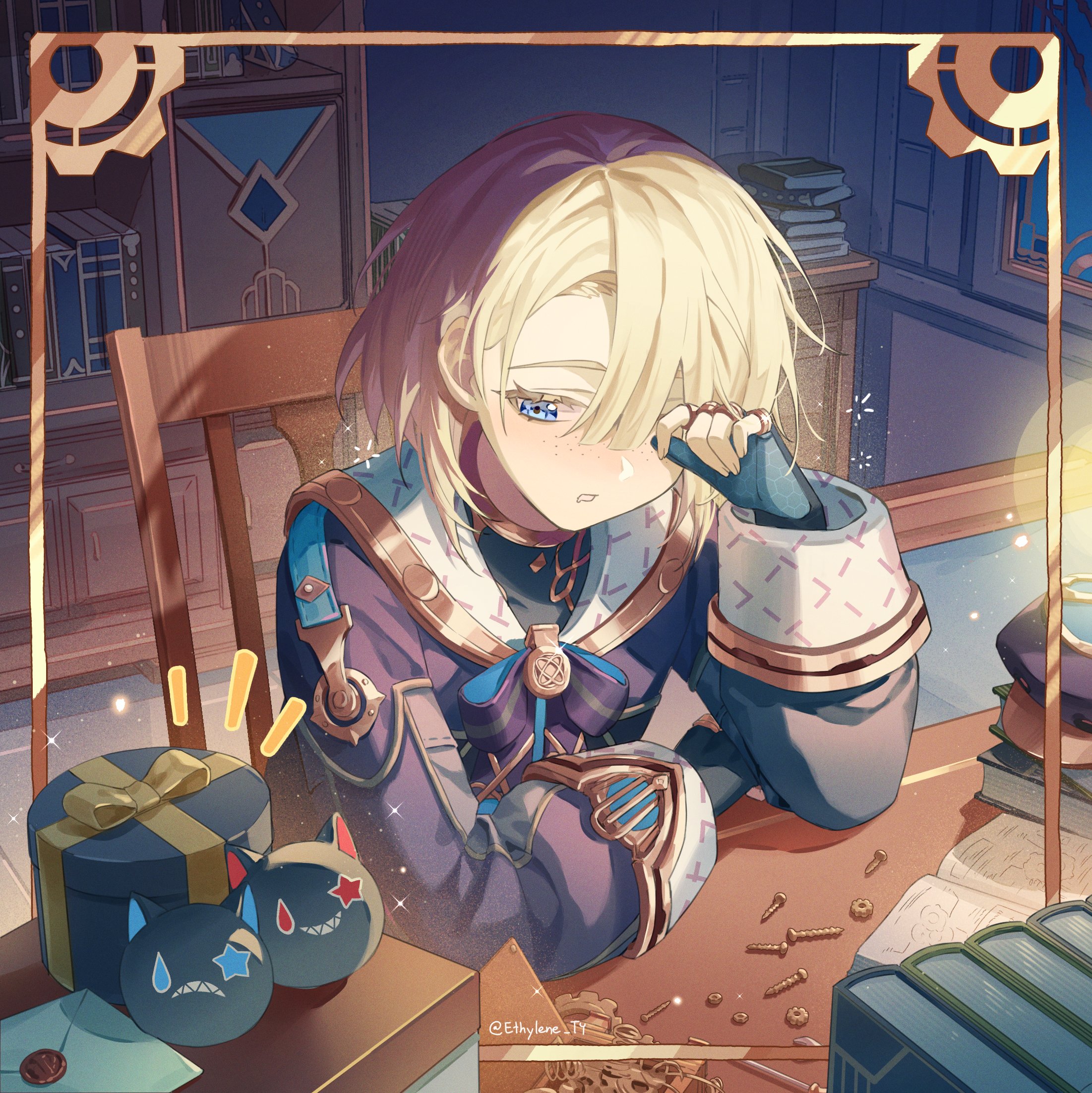 ethylene ty, freminet (genshin impact), genshin impact, highres, 1boy, black bow, black bowtie, blonde hair, blue eyes, blue gloves, border, bow, bowtie, box, chair, colored eyelashes, fingerless gloves, gift, gift box, gloves, hair over one eye, indoors, letter, long sleeves, looking to the side, male focus, notice lines, on chair, rubbing eyes, sailor collar, short hair, sleepy, solo, squeans, table, twitter username, white sailor collar