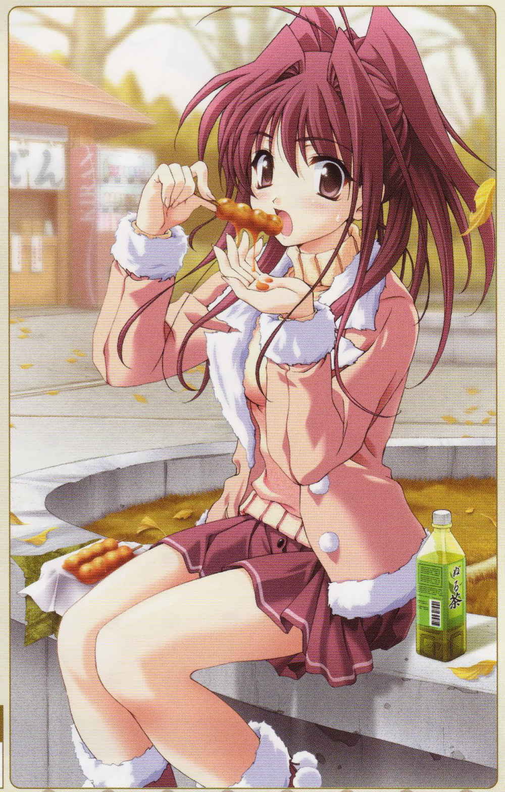 fujiwara miyabi (memories off sorekara), memories off, fur, messy, highres, 1girl, antenna hair, blush, boots, bottle, coat, eating, female focus, food, leaf, outdoors, pink eyes, pink hair, ponytail, sitting, skirt, solo, sweat, sweater, turtleneck