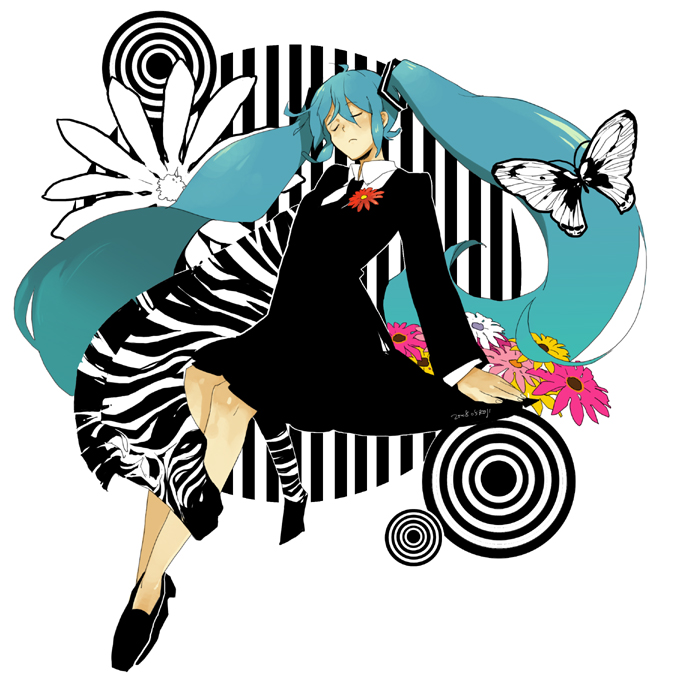 luo zi, raku ji, hatsune miku, hatsune miku (saihate), saihate (vocaloid), vocaloid, 1girl, blue hair, closed eyes, dress, female focus, flower, long hair, necktie, solo, twintails, zebra