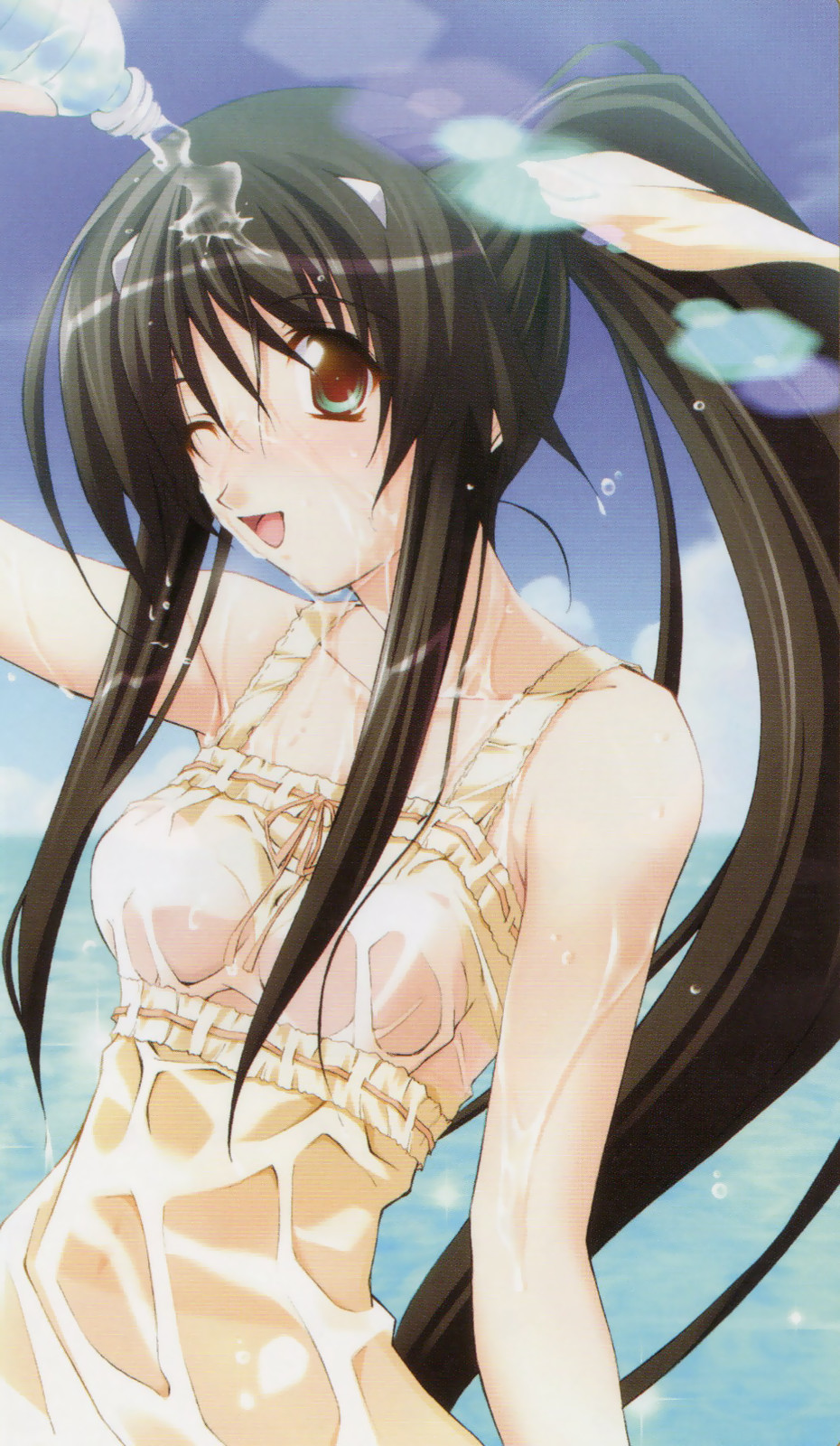 misasagi inori, memories off, highres, blue eyes, brown hair, ocean, one eye closed, ponytail, solo, wet, wet clothes, wink