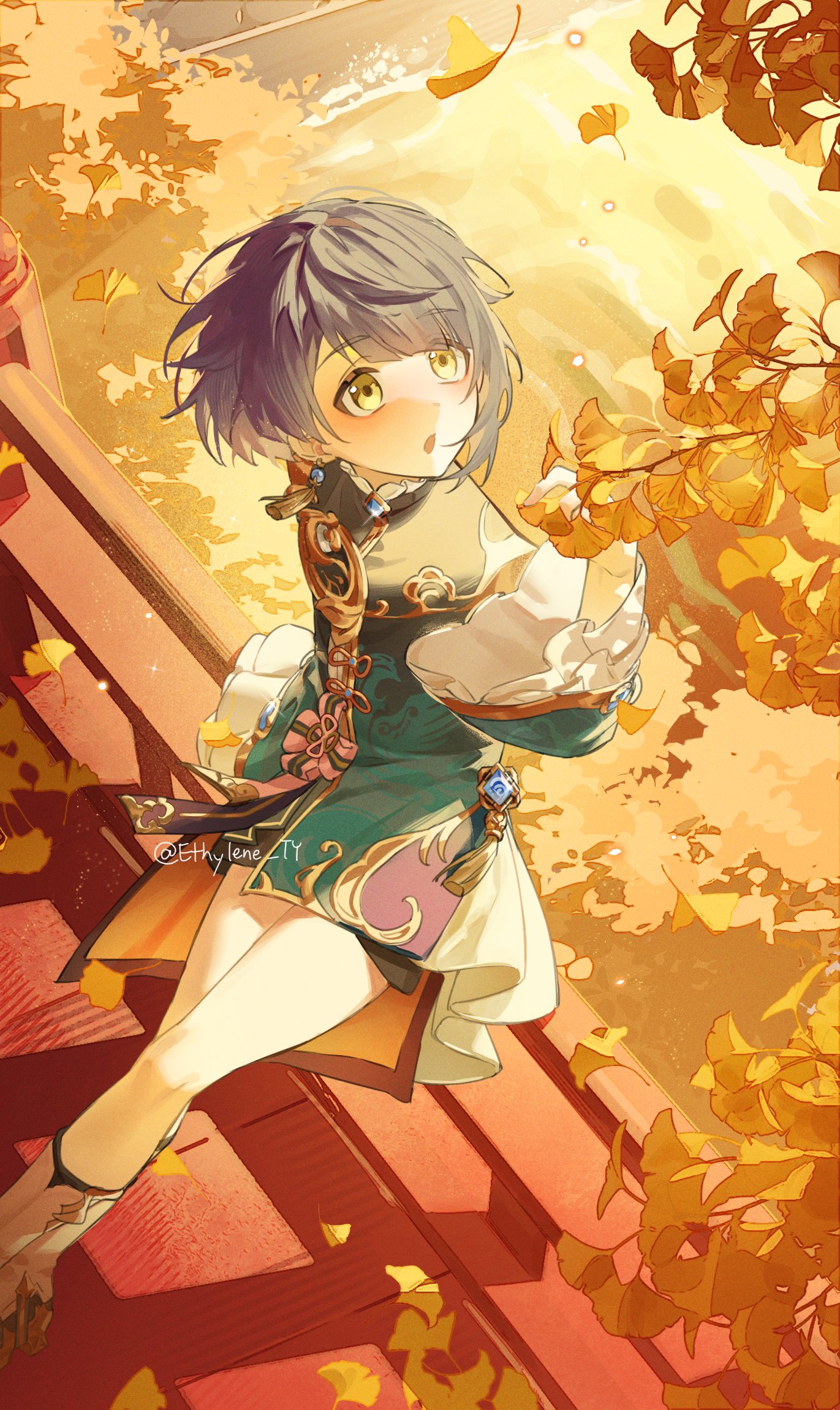 ethylene ty, xingqiu (genshin impact), genshin impact, highres, 1boy, black shorts, blue hair, chinese clothes, collar, earrings, frilled collar, frilled sleeves, frills, ginkgo leaf, hydro symbol (genshin impact), jewelry, leaf, long sleeves, male focus, on railing, open mouth, outdoors, railing, short hair, short shorts, shorts, sitting, solo, tassel, tassel earrings, twitter username, vision (genshin impact), wooden railing, yellow eyes
