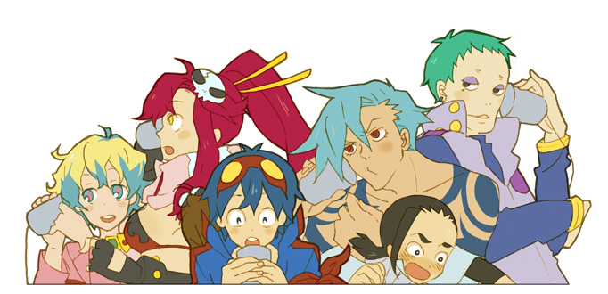 luo zi, raku ji, boota (ttgl), kamina (ttgl), leeron littner, nia teppelin, rossiu adai, simon (ttgl), yoko littner, tengen toppa gurren lagann, 00s, 2girls, 4boys, bikini, bikini top only, blonde hair, blue eyes, blue hair, brown hair, earrings, fingerless gloves, gloves, goggles, goggles on head, green hair, hair ornament, hitting, jewelry, mole, mole under eye, multicolored hair, multiple boys, multiple girls, phone, ponytail, pushing, red eyes, red hair, scarf, short hair, sidelocks, simple background, string phone, swimsuit, symbol-shaped pupils, talking, tattoo
