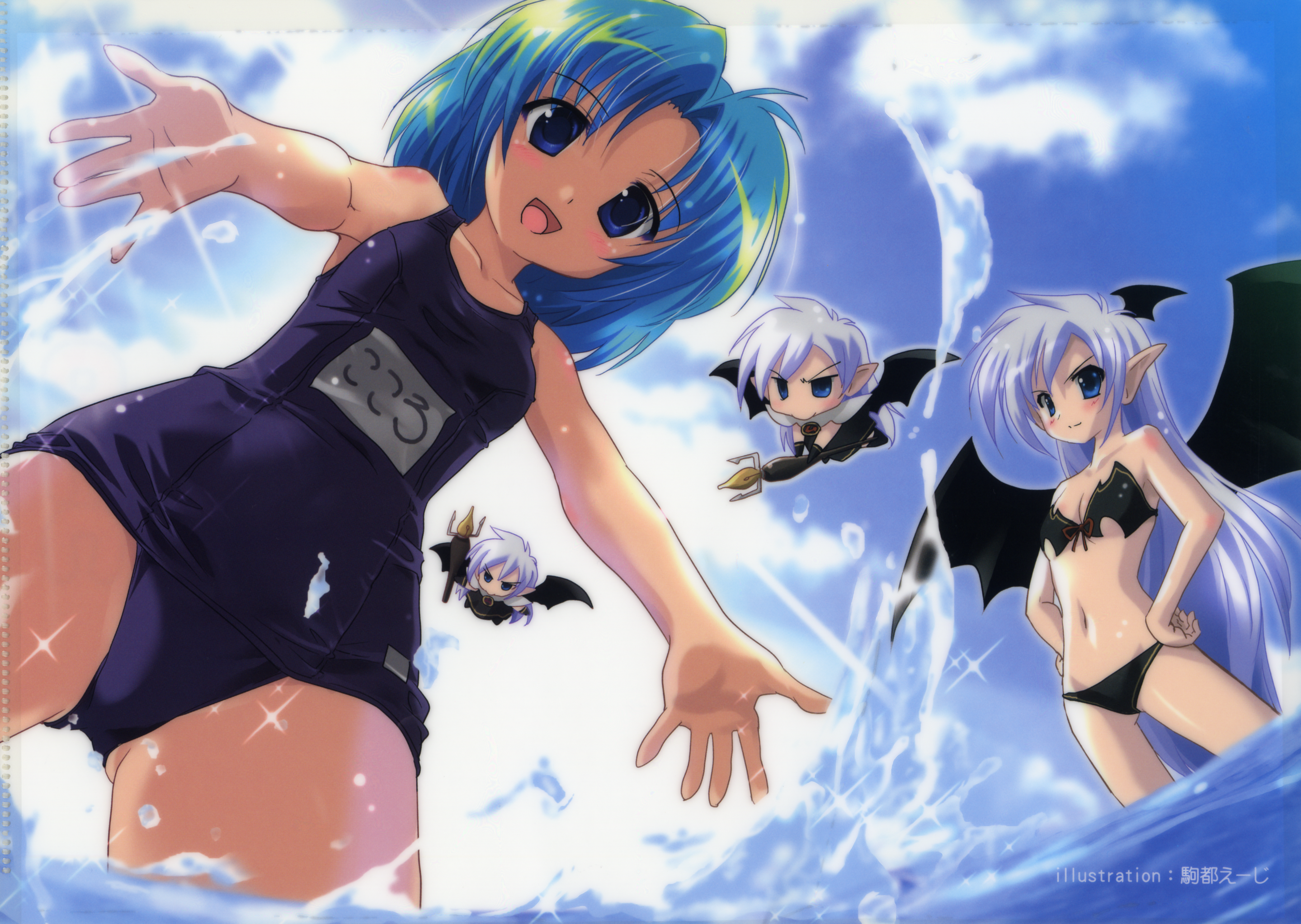 komatsu eiji, blog yousei cocolo, looking away, silver hair, absurdres, highres, scan, 2boys, 2girls, :d, aqua hair, bandeau, bat wings, bikini, blue eyes, blush, body blush, breasts, chibi, cleavage, cloud, day, dutch angle, flat chest, flying, from below, front-tie top, hands on own hips, head wings, light rays, long hair, looking at viewer, looking down, lowleg, lowleg bikini, multiple boys, multiple girls, name tag, navel, one-piece swimsuit, open mouth, outdoors, outstretched arms, parted bangs, pointy ears, polearm, school swimsuit, short hair, sky, small breasts, smile, splashing, spread arms, standing, sunbeam, sunlight, swimsuit, trident, very long hair, wading, water, weapon, wings