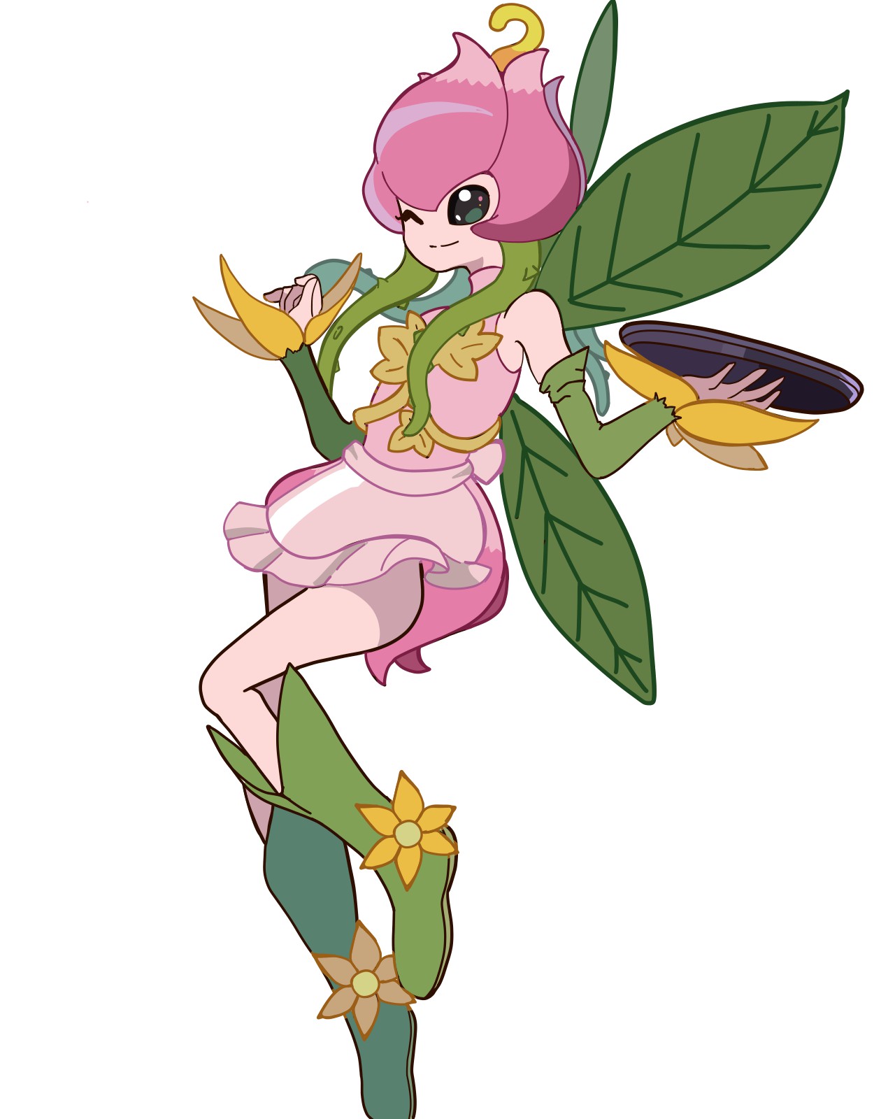 daniel uribe, lilimon, digimon, digimon story: time stranger, highres, 1girl, apron, bare shoulders, boots, digimon (creature), dress, fairy, fairy wings, full body, green boots, green wings, holding, holding tray, one eye closed, pink dress, simple background, solo, transparent background, tray, wings