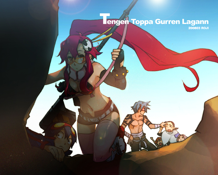 luo zi, raku ji, kamina (ttgl), simon (ttgl), yoko littner, tengen toppa gurren lagann, 00s, 2girls, 4boys, belt, boots, elbow gloves, fingerless gloves, gloves, gun, hair ornament, hairclip, multiple boys, multiple girls, ponytail, red hair, safety glasses, shorts, skull, skull hair ornament, sunglasses, thighhighs, tinted eyewear, weapon, yellow-tinted eyewear