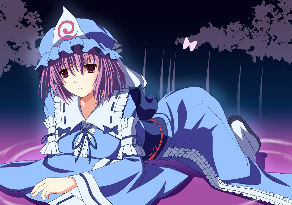 eien, nagatsuki towa, saigyouji yuyuko, touhou, bad id, bad pixiv id, 1girl, female focus, hat, japanese clothes, kimono, pink hair, short hair, solo