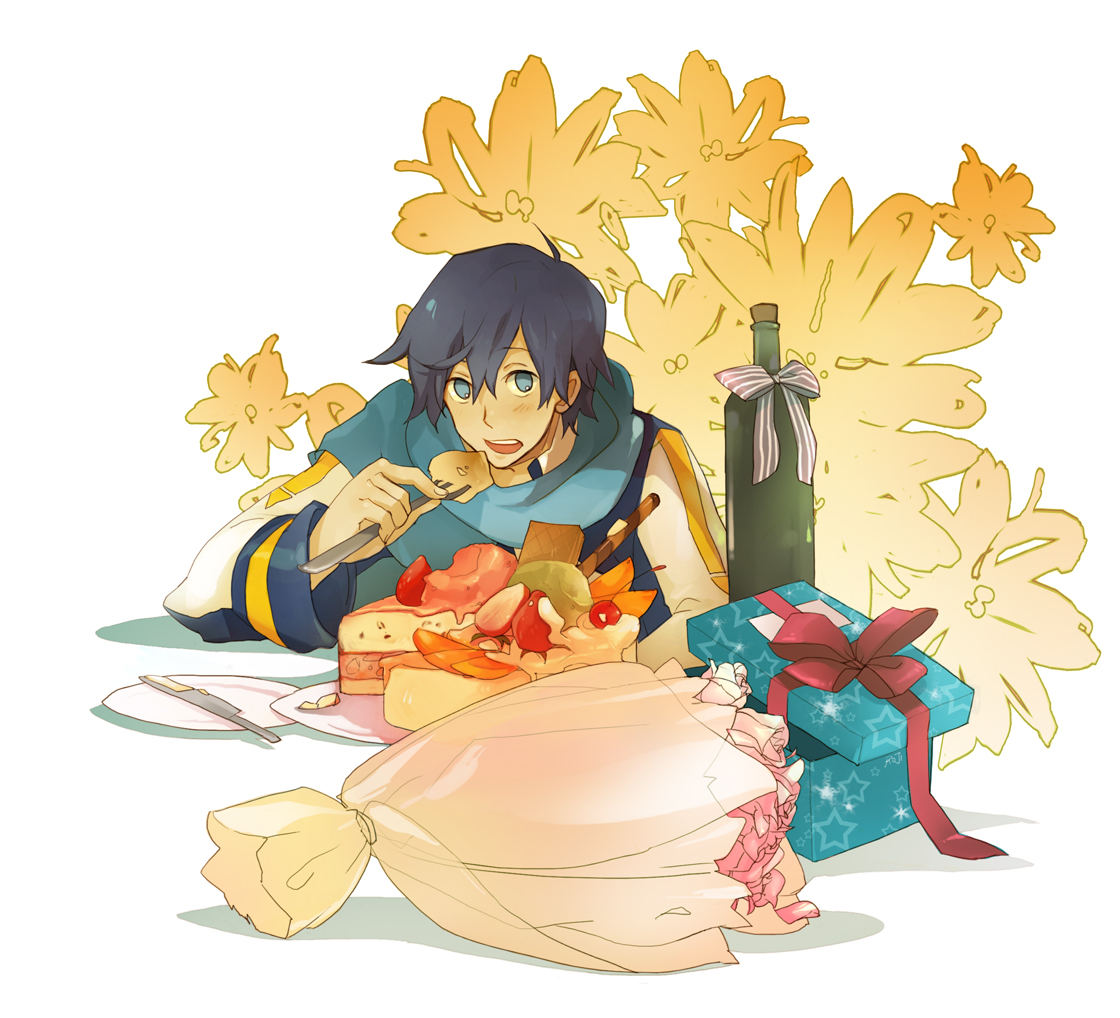 luo zi, raku ji, kaito (vocaloid), vocaloid, 1boy, blue hair, bottle, cake, eating, flower, food, gift, male focus, pastry, short hair, solo