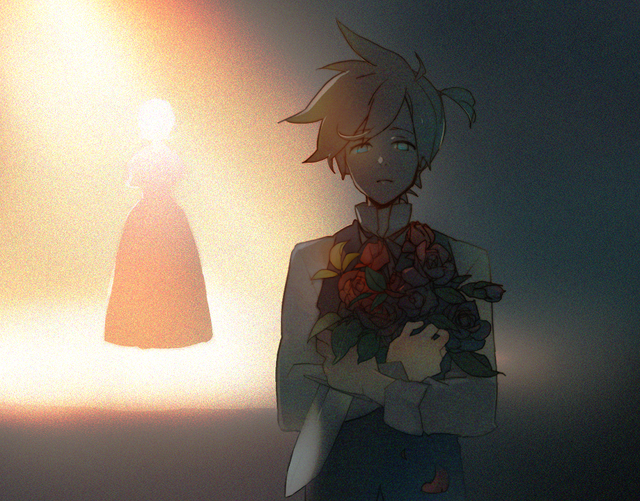 luo zi, raku ji, kagamine len, kagamine rin, vocaloid, 1boy, blonde hair, brother and sister, flower, formal clothes, knife, male focus, red rose, rose, siblings, solo, suit, twins