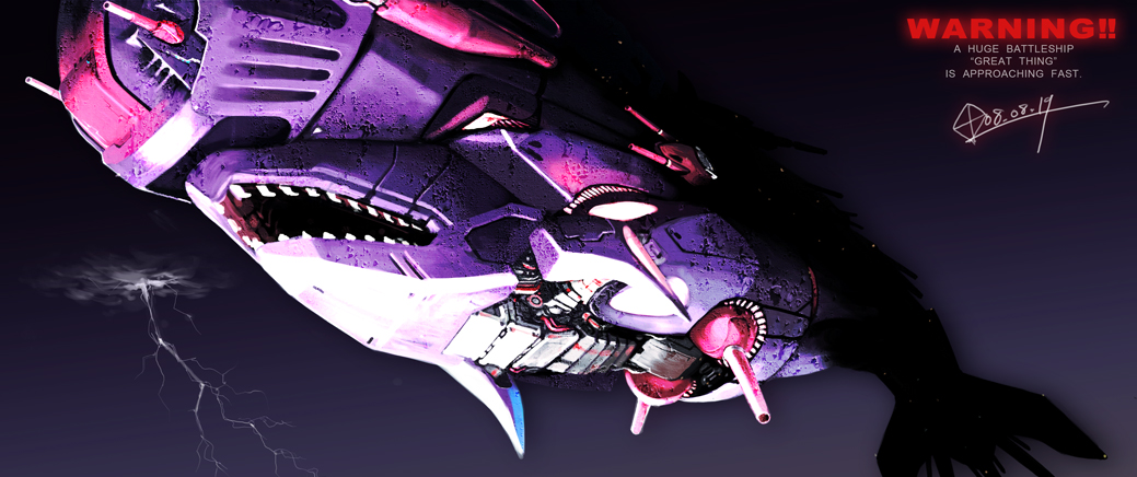 s4l (pixiv), great thing, darius (series), darius gaiden, battleship, lightning, mecha, military, military vehicle, no humans, robot, ship, ship turret, spacecraft, storm, vehicle focus, warship, watercraft, whale