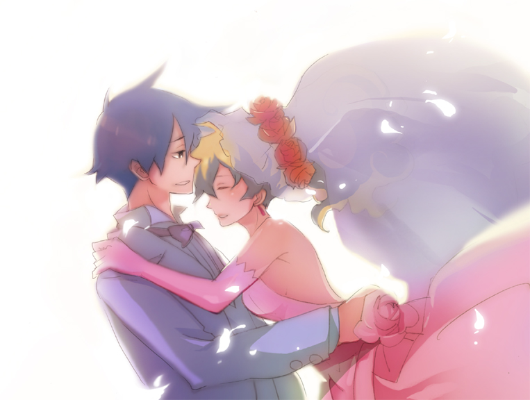 luo zi, raku ji, nia teppelin, simon (ttgl), tengen toppa gurren lagann, 00s, 1boy, 1girl, bridal veil, bride, couple, dress, formal clothes, gloves, happy, hetero, suit, veil, wedding, wedding dress