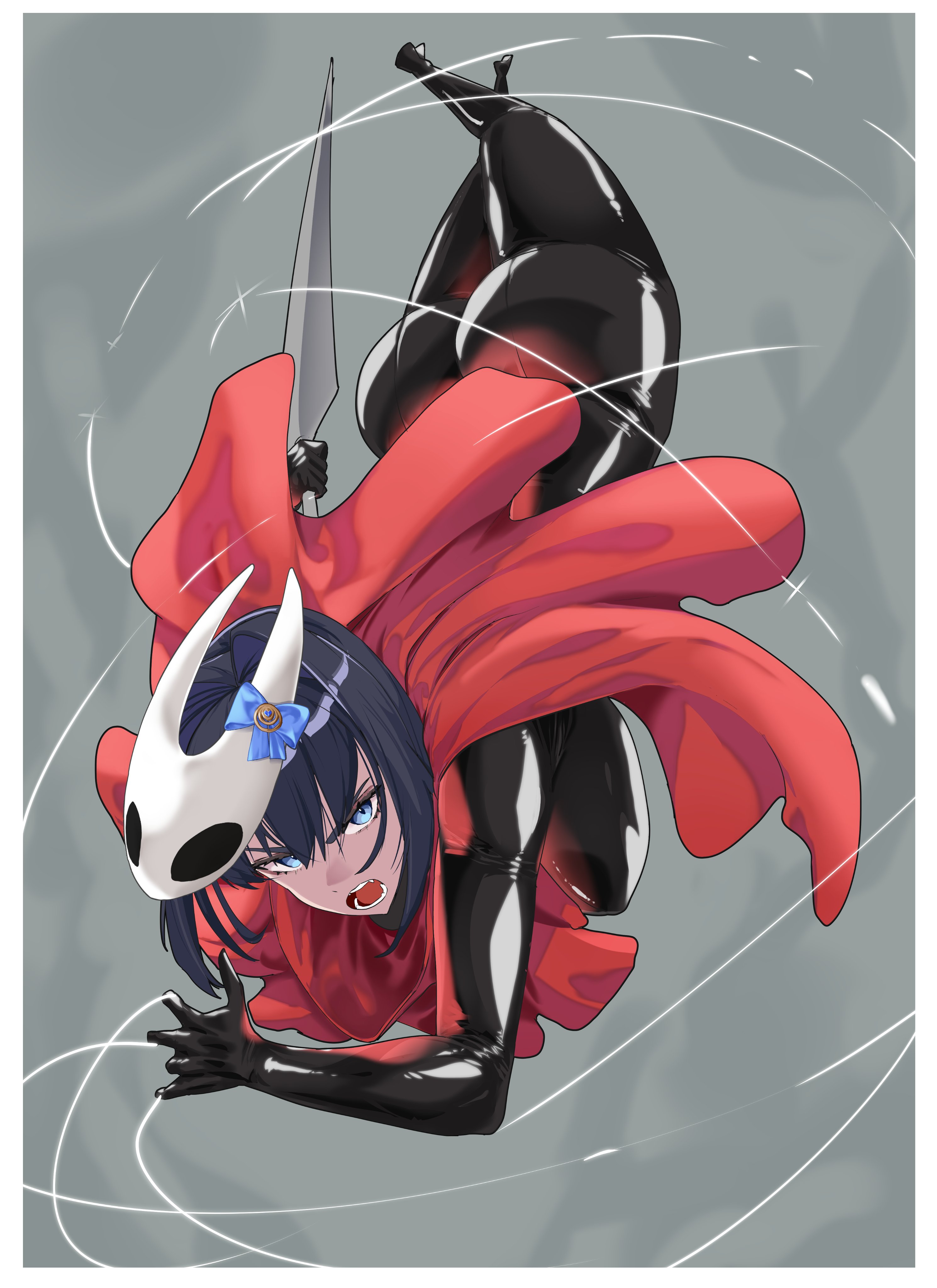 daaku (koizumi arata), hornet (hollow knight), ouro kronii, hollow knight, hollow knight: silksong, absurdres, highres, 1girl, ass, black bodysuit, black hair, blue eyes, bodysuit, border, cosplay, full body, grey background, holding, holding knife, hornet (hollow knight) (cosplay), knife, mask, mask on head, simple background, skin tight, solo, string, upside-down, white border
