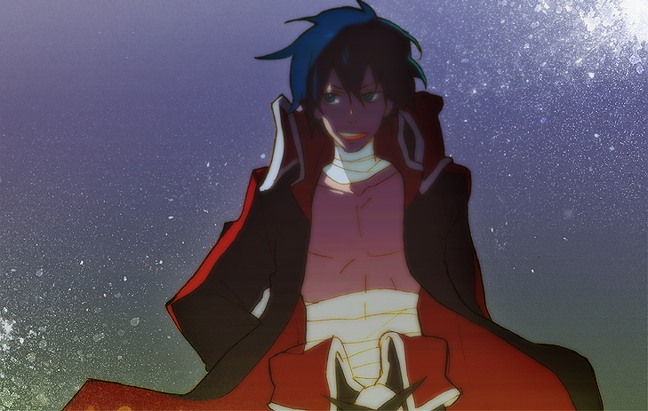 luo zi, raku ji, garlock simon, simon (ttgl), tengen toppa gurren lagann, 00s, 1boy, bandages, blue hair, grin, male focus, smile, solo
