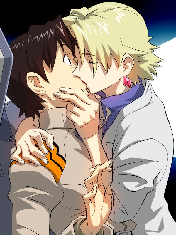 baariya, akagi ritsuko, ibuki maya, neon genesis evangelion, 2girls, blonde hair, brown hair, earrings, jewelry, kiss, lab coat, mole, mole under eye, multiple girls, short hair, surprised, yuri