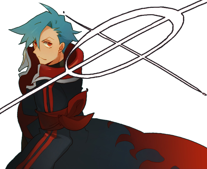 luo zi, raku ji, kamina (ttgl), simon (ttgl), tengen toppa gurren lagann, 1boy, blue hair, cosplay, male focus, red eyes, simon (cosplay), solo
